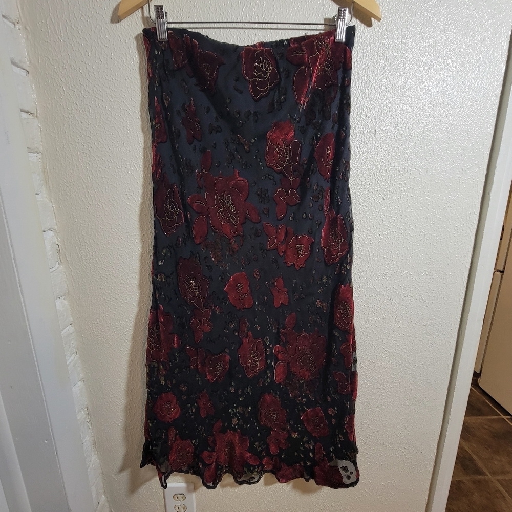 y2k Silkland Velvet Burnout Midi/Maxi Skirt Floral Print Black Red sz 12